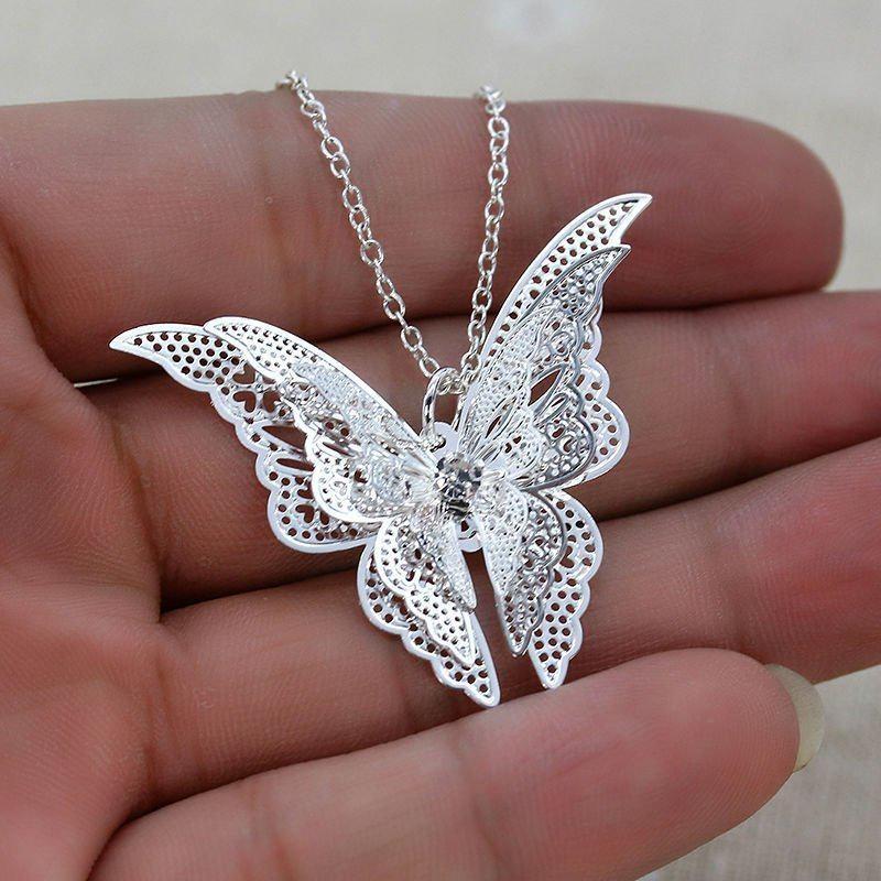 Elegant Silver-plated Hollow Butterfly Necklace With Sparkling Crystal Inlay