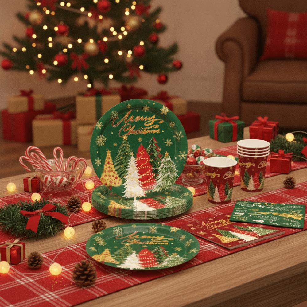 Christmas Tree Pattern Disposable Tableware Set Party Plate Cup Napkin Tablecloth  Family Dinner