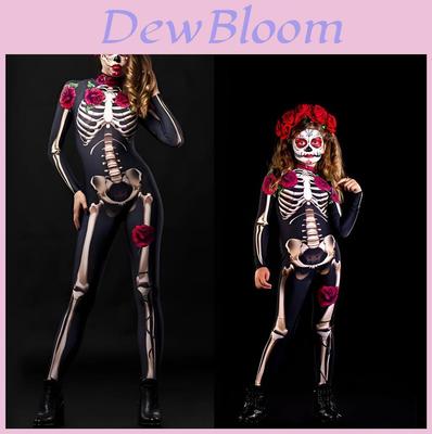Womens Halloween Skeleton Cosplay Bodysuit Jumpsuit For A Spooky Look