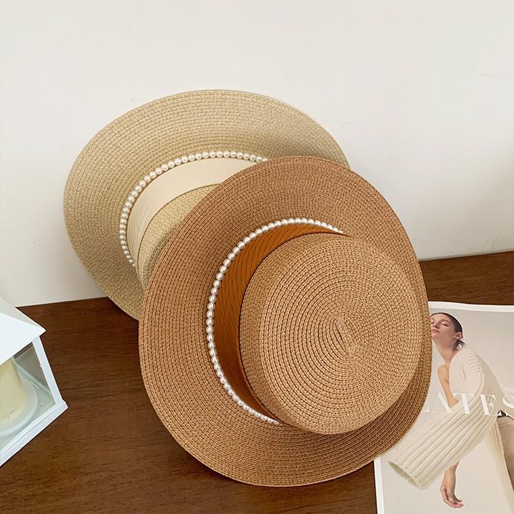French Celebrity Style Flat Top Top Hat New Summer Elegant Pearl Straw Seaside Sun Hat Children