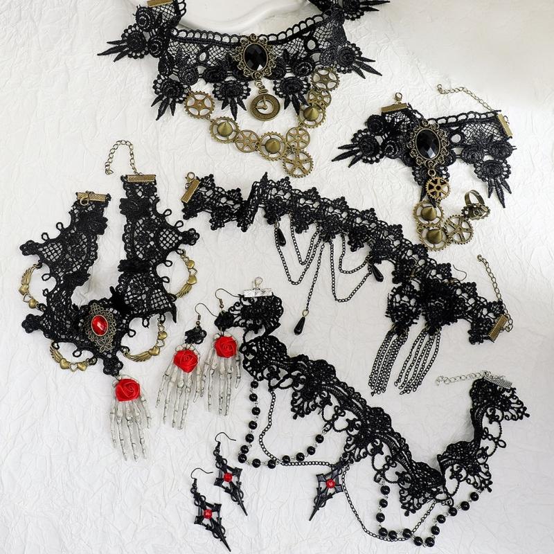 Black Lace Centerpiece Neck Jewelry Set Gothic Statement Accessories for Themed Photo Shoots, Festivals and Halloween Looks