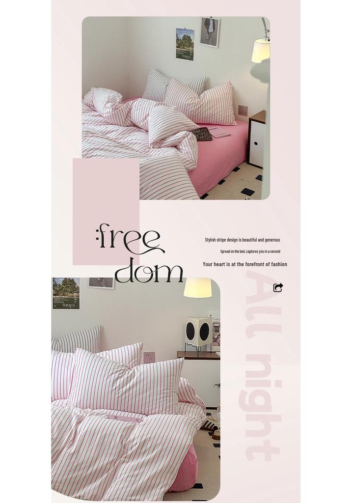 Pure Cotton Four-Piece Bedding Set: Striped Duvet Cover, Bed Sheet for Dorms, A-Class Washed Cotton, Perfect for All Seasons.