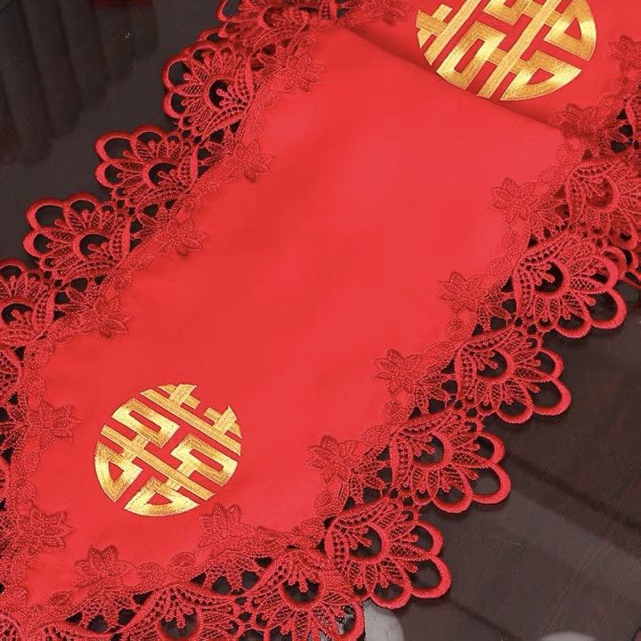 Wedding Table Flag Wedding Festive Decoration Red Lace Fabric Dining Table Coffee Table Tv Cabinet Tablecloth