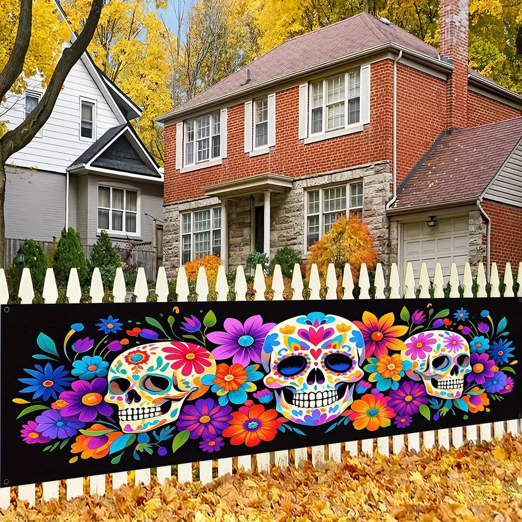 1Pcs Day of The Dead Sugar Skull Banner Floral Pattern Dia De Los Muertos Outdoor Patio Halloween Party Wall Decor