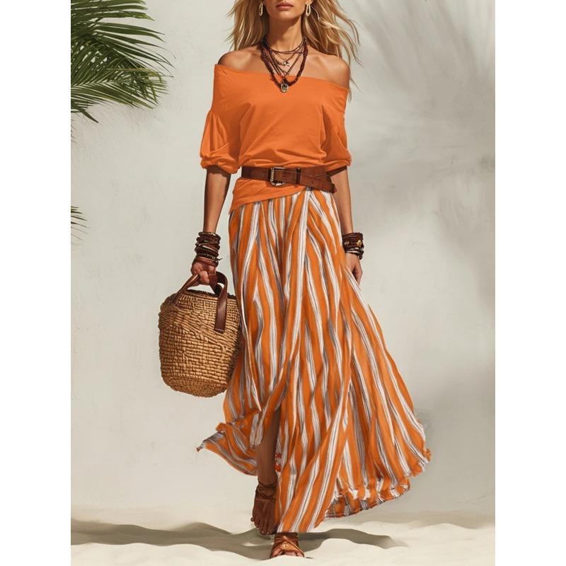 Conjunto Náutico para Vacaciones con Top de Hombros Descubiertos y Falda Larga con Abertura para Mujer