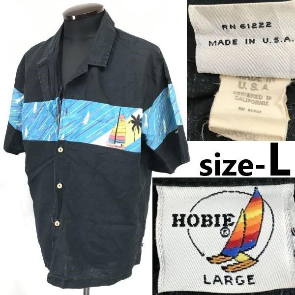 

HOBIE 70s-80s Vintage USA Made Aloha Shirt Black × Light Blue Size L Men Rare Short Sleeve Hawaii Shirt