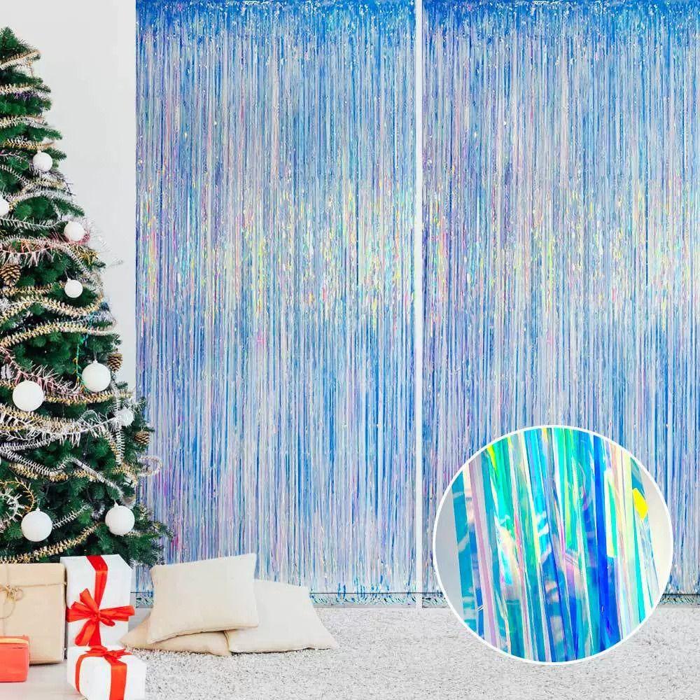 Colorful Laser Blue Party Backdrop Curtains Iridescent Foil Glitter Rainbow Sparkle Foil Curtain Colored Golden Foil Tinsel
