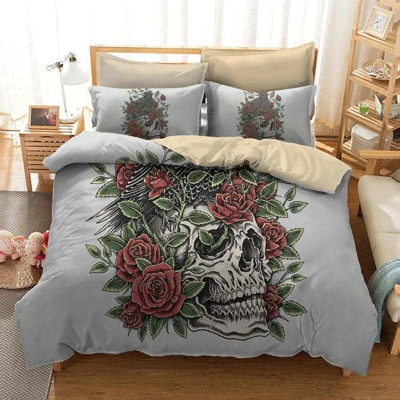 Socker Skalle Påslakanset Queen Size Blommor Skelett Sängkläder Dubbelt Sängklädesset Med Örngott King Size Skalle Täcke