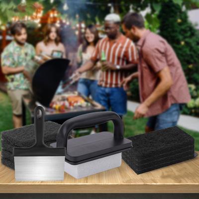 1 Set BBQ Griddle Cleaning Tool Kit with Handle Scraper Scouring Pad Pumice Stone Brush Multifunctional Barbecue Flat Top Grill Cleaner Kit