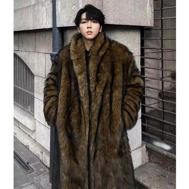 Men's Fur Coat, Wolf Fur, Fox Fur, Lapel Long Overcoat, Winter Windproof and Warm Windbreaker, Large Size
