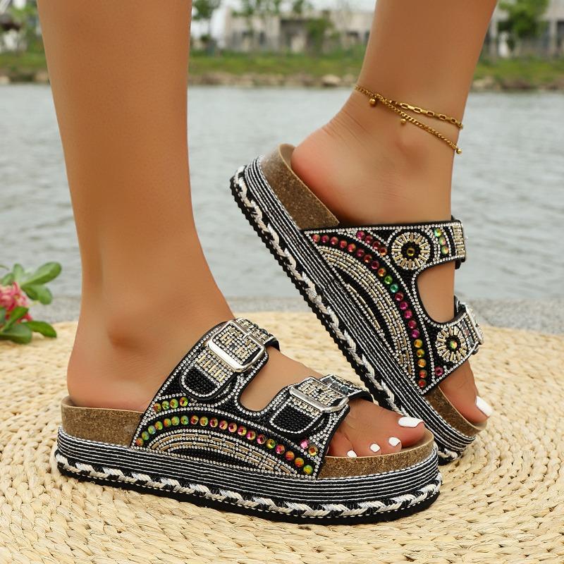 Women’s Buckle Rhinestone Platform Slide Sandals