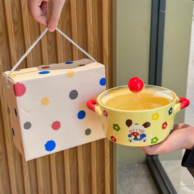 Cream Wind Tableware Cute Ceramic Instant Noodle Bowl with Lid Binaural Soup Bowl Instant Noodle Bowl for Student Dormitory