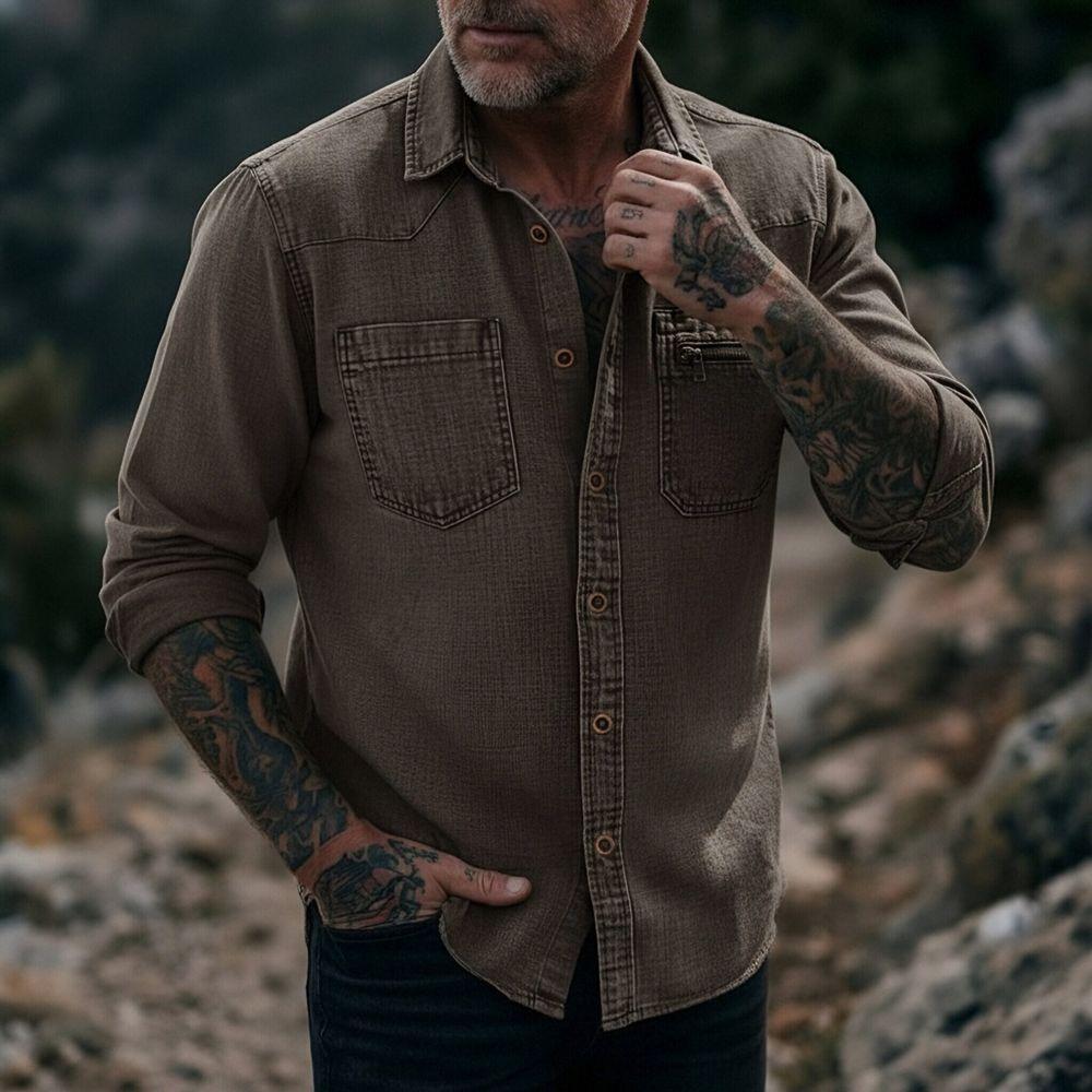 Camicia da uomo vintage in denim lavato a maniche lunghe con bottoni e tasca con zip, casual, da lavoro
