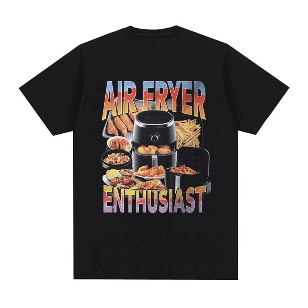 Air Fryer Enthusiast Foods Graphic Print Black Cotton T-shirt M