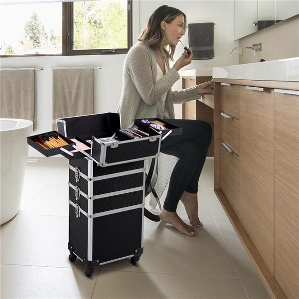 Professioneller Kosmetikkoffer mit großer Kapazität, tragbarer Aluminium-Make-up-Organizer-Koffer-Trolley für Damen, Reise-Make-up, Pink/Schwarz, 4-in-1