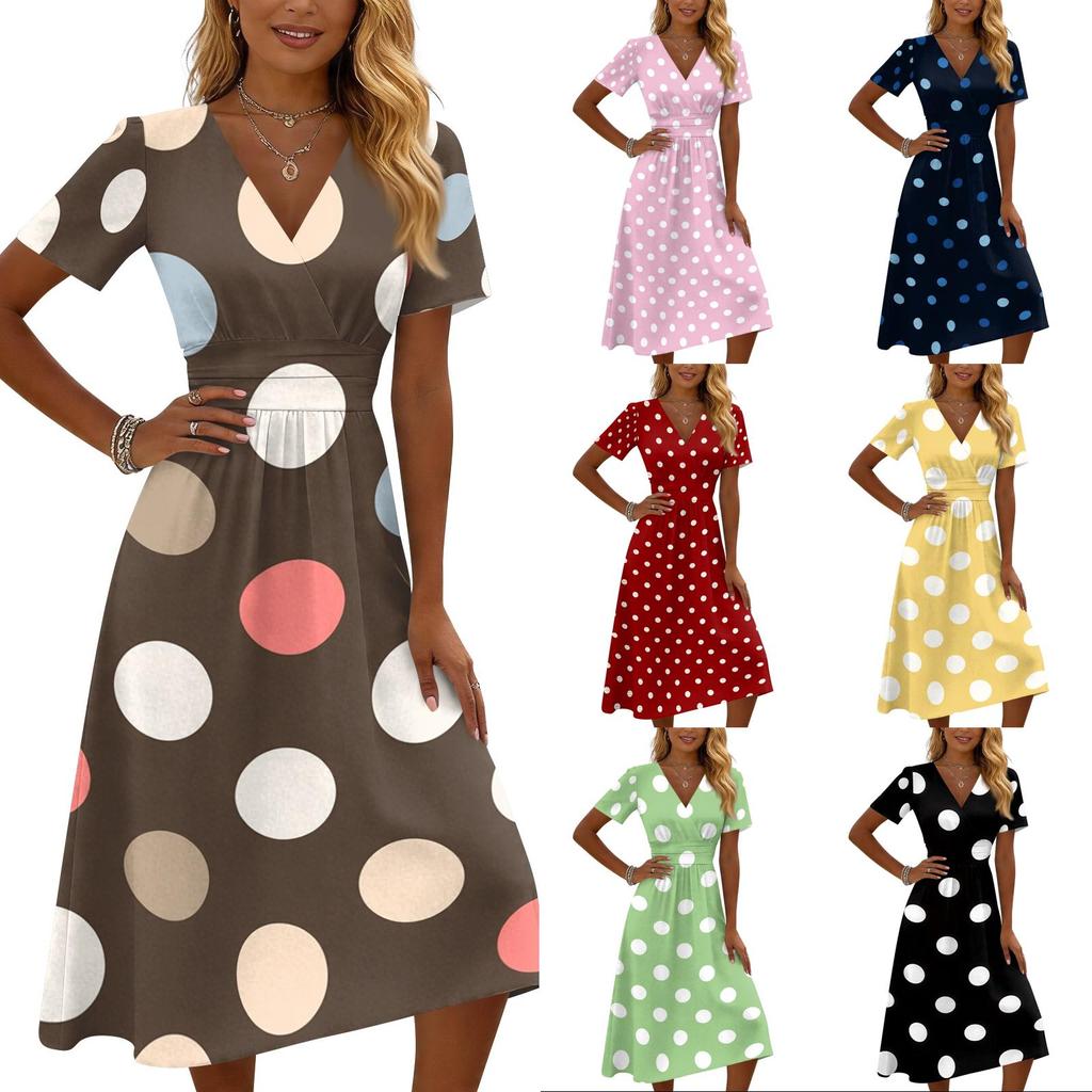 Women Casual Polka Dot Print V Neck Short Sleeve Midi Dress Loose Fit Summer Fashion Lightweight Dress for Daily Wear