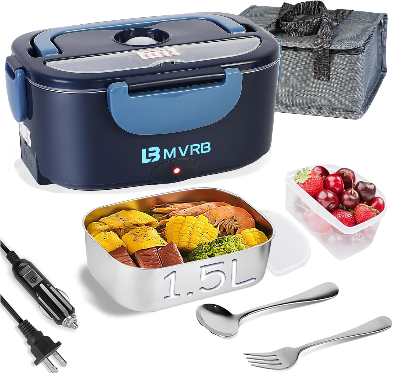 

Electric Lunch Box 1.5L, 80W Fast Heated Portable Food Warmer, Stainless Steel, 12V/24V/110V, Blue синий