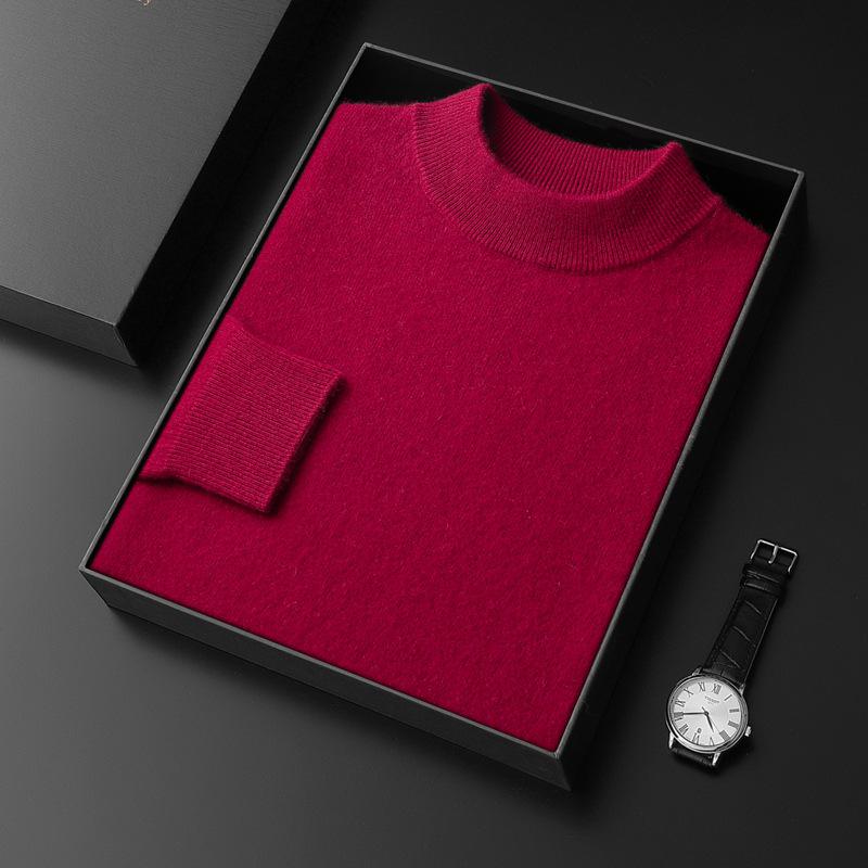 Men's Seamless Cashmere Sweater, Half-High Collar, Solid Color, Loose Fit, Plus Size, Base Layer for Autumn and Winter.