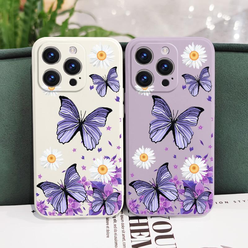 Butterfly Daisy Pattern Soft Liquid Silicone Fall Prevention Case Cover For iPhone 16 16e 15 Pro Max 14 Plus 13 12 11 X Xs Max 7 8 6 SE2 SE3