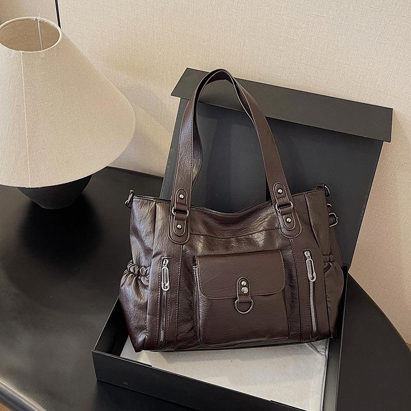 Fashionable PU Tote Bag Women's Multi Pocket Handbag with Adjustable Shoulder Strap Everyday Carry Bag