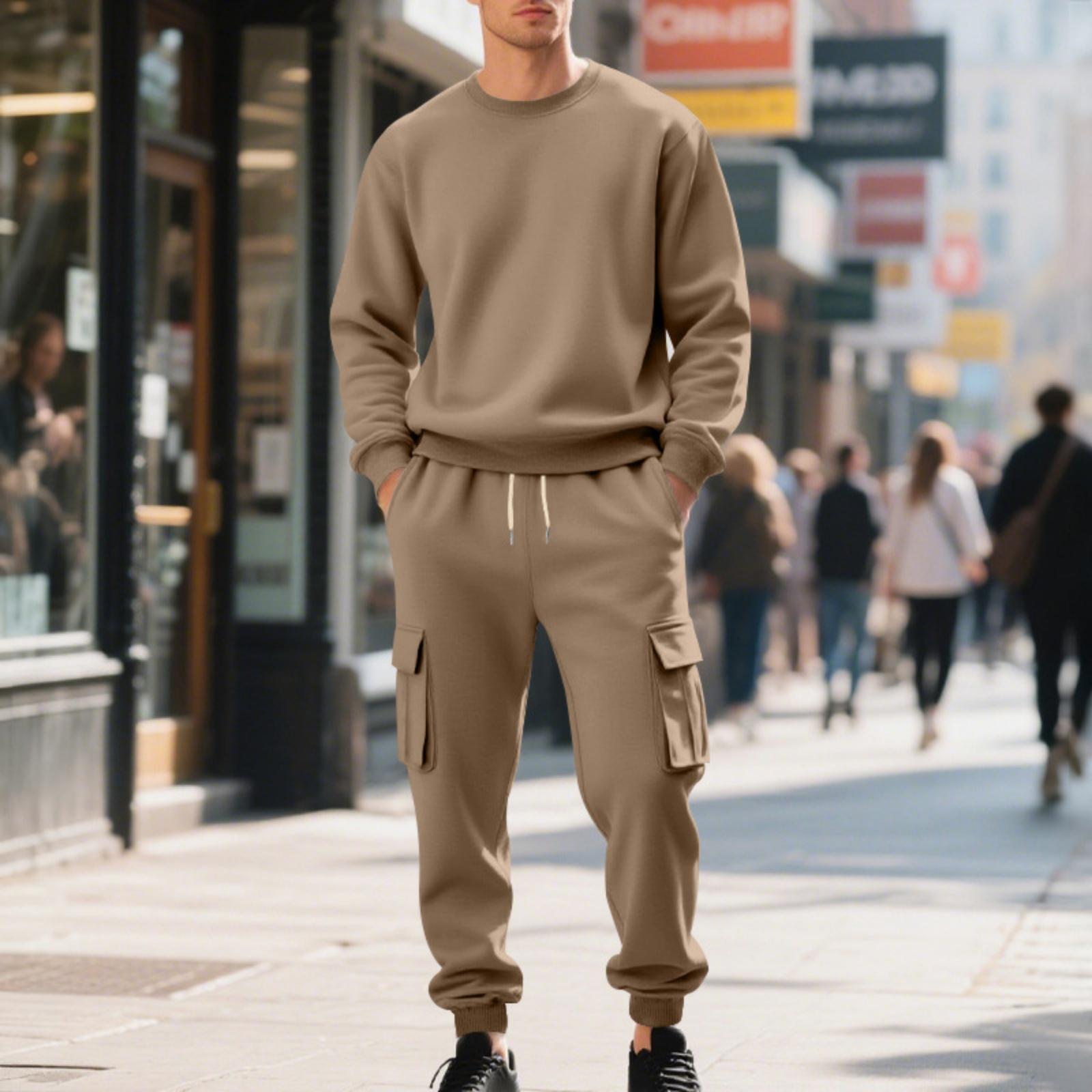 

Men s Fleece Round-neck Sweatshirt Set, Loose And Casual Long-sleeved Sweatshirt And Work Pants Two-piece Set XXXL