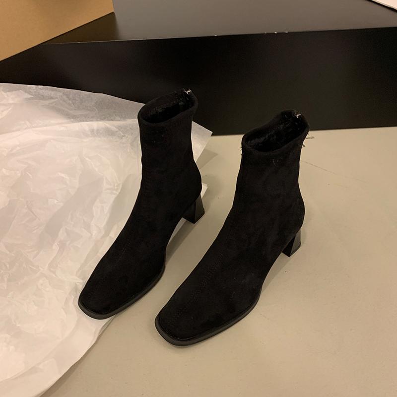 Women's Fleece-lined Small Leg Boots High Heel Korean Style Winter Shoes  New Autumn Short Boots Rubber Material
