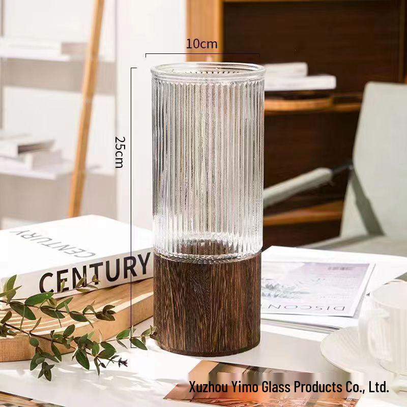 Nordic Light Luxury Crystal White Glass Vase with Wooden Holder for Fresh Flowers - Living Room Decor