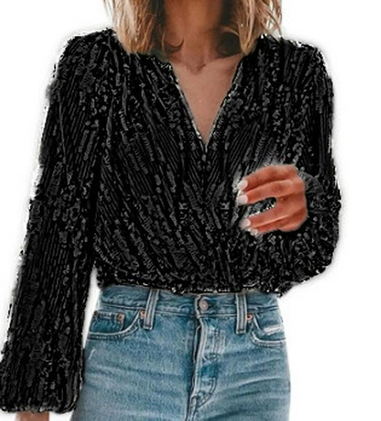 European & American V-Neck Sequin Women's Fashion Top