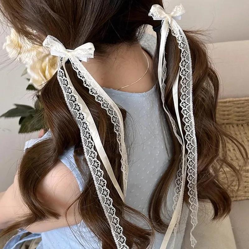 Summer Sweet Cute White Lace Ribbon Bow Hair Clip for Women Girls Hairpins Long Ribbon Barrettes Fashion Headwear Accessories