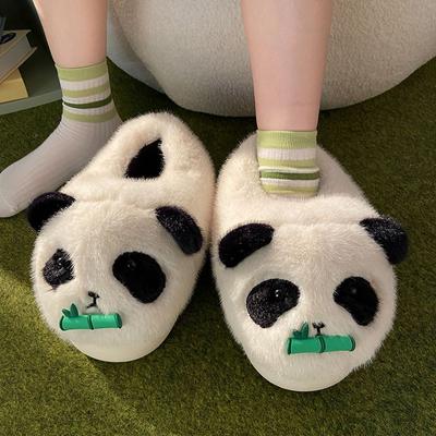 Kawaii Giant Panda Slippers Women's Winter Warm Fur Loafers Ladies Fluffy Animal Slides Shoes Woman Home Room Slippers Fur Mules