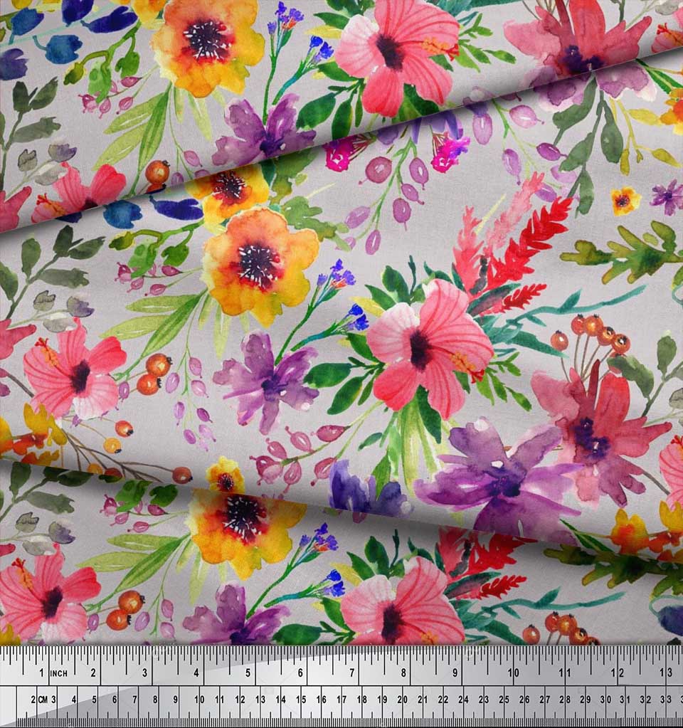 Soimoi Japan Crepe Satin Fabric Flower & Leaves Watercolor Decor Fabric Printed metre 42 Inch