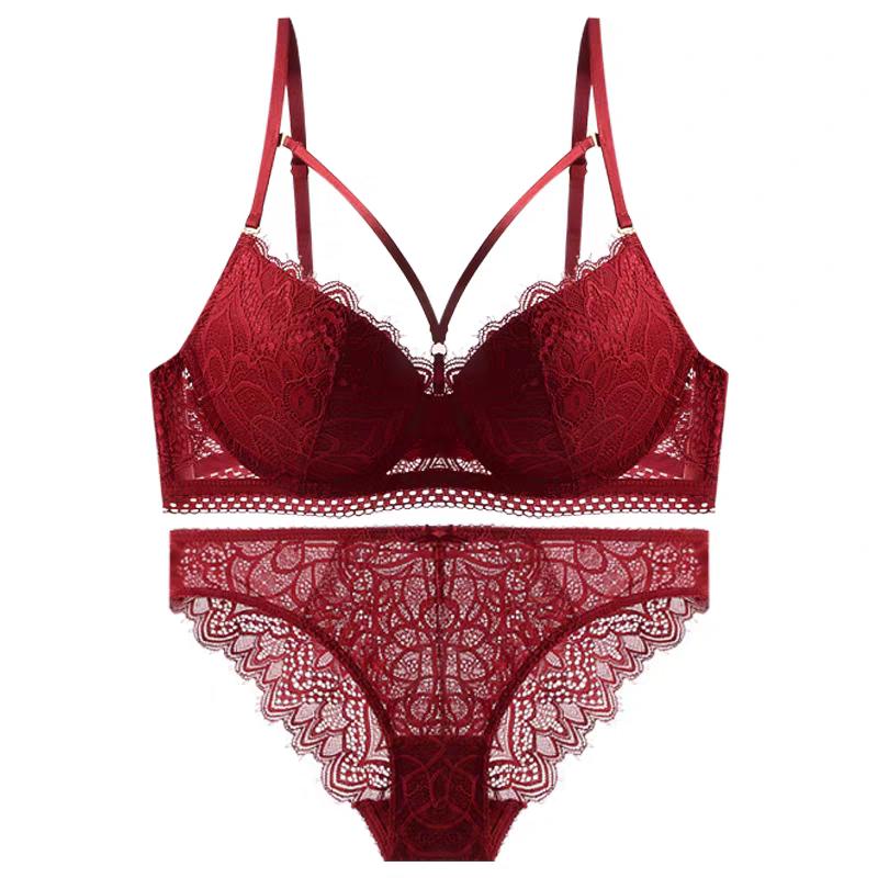 

Сексуальное кружевное вышитое модное съемное тонкое бретелька нижнее белье тонкий верх толстый низ маленькая грудь пуш-ап женский комплект бюстгальтера 85D бордовый
