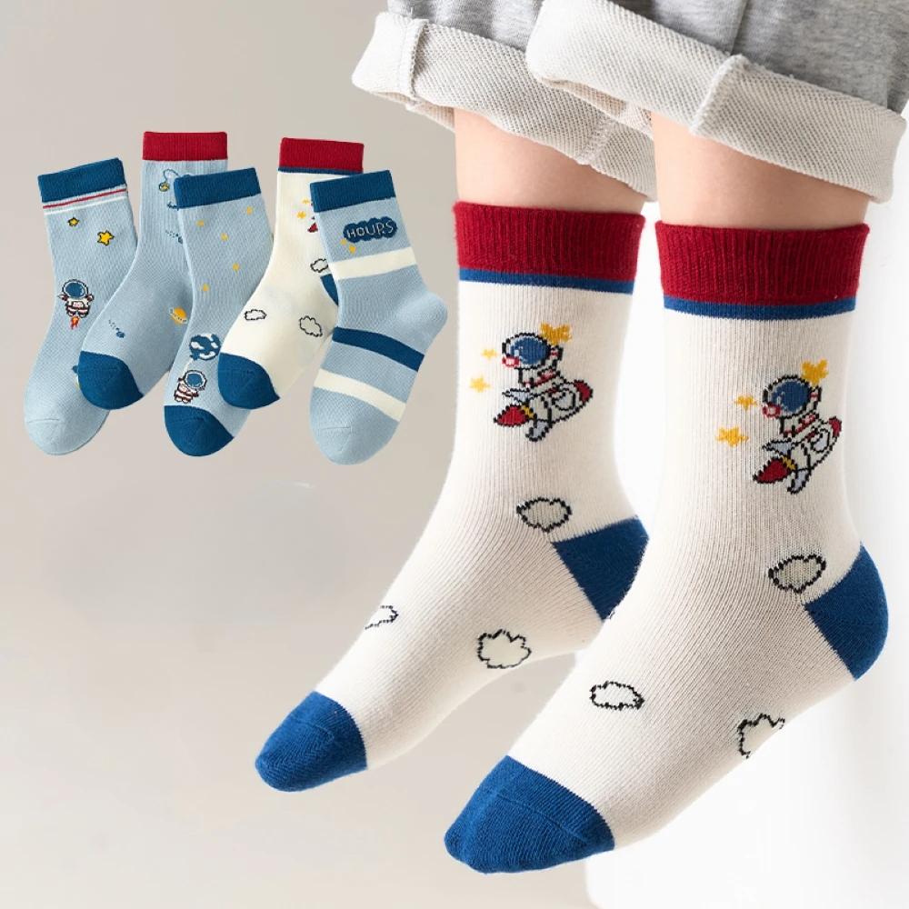 5Pairs Children's Warm Mid-tube Socks Little Astronaut Do Not Fade Comfortable Anime School Socks Clothes For Autumn 1-14 Years