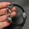1pcs Wolf Head Leather Bracelet with Rune Beads Stainless Steel Viking Bangle for Men Stylish Jewelry Gift
