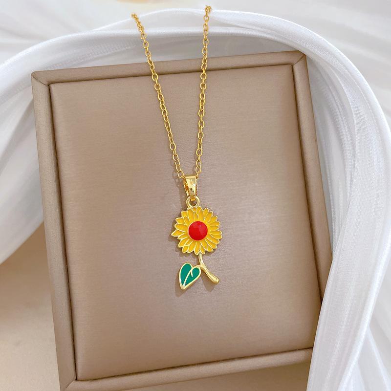Titanium Steel Oil Dripping Flower Fashion Light Luxury Temperament Gorgeous Full Diamond Necklace Female Versatile Collarbone Chain