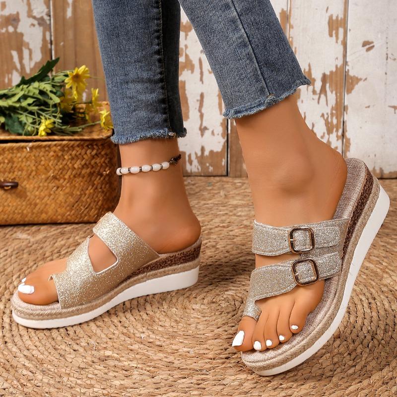 

Fashion Slope Heel Sandals New Summer Round Toe Set Metal Buckle Glitter Soft Soled Non-slip Wear-resistant Flat Slippers 36