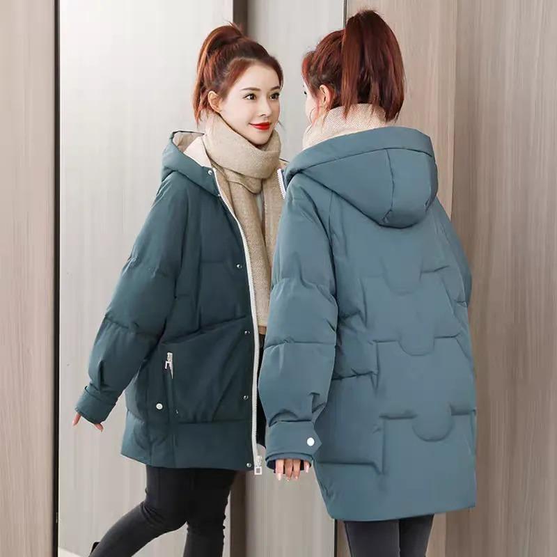 Women's Hooded Autumn and Winter Buttoned Long-sleeved Zipper Cardigan Mid-length Fashion Loose Casual Jacket Top