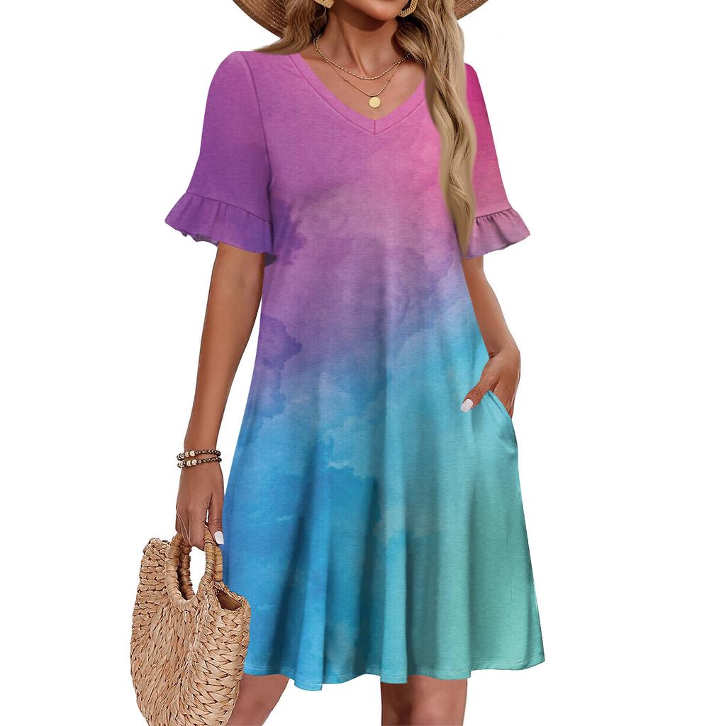 Women A Line Sun Dress Short Sleeve V Neck Printed Dress With Pockets