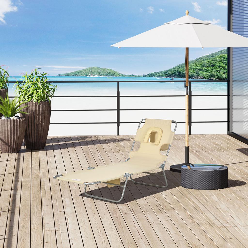 Foldable Sun Lounger, Beach Chaise Lounge with Reading Hole, Arm Slots, 5-Position Adjustable Backrest, Side Pocket, Pillow for Garden, Beach