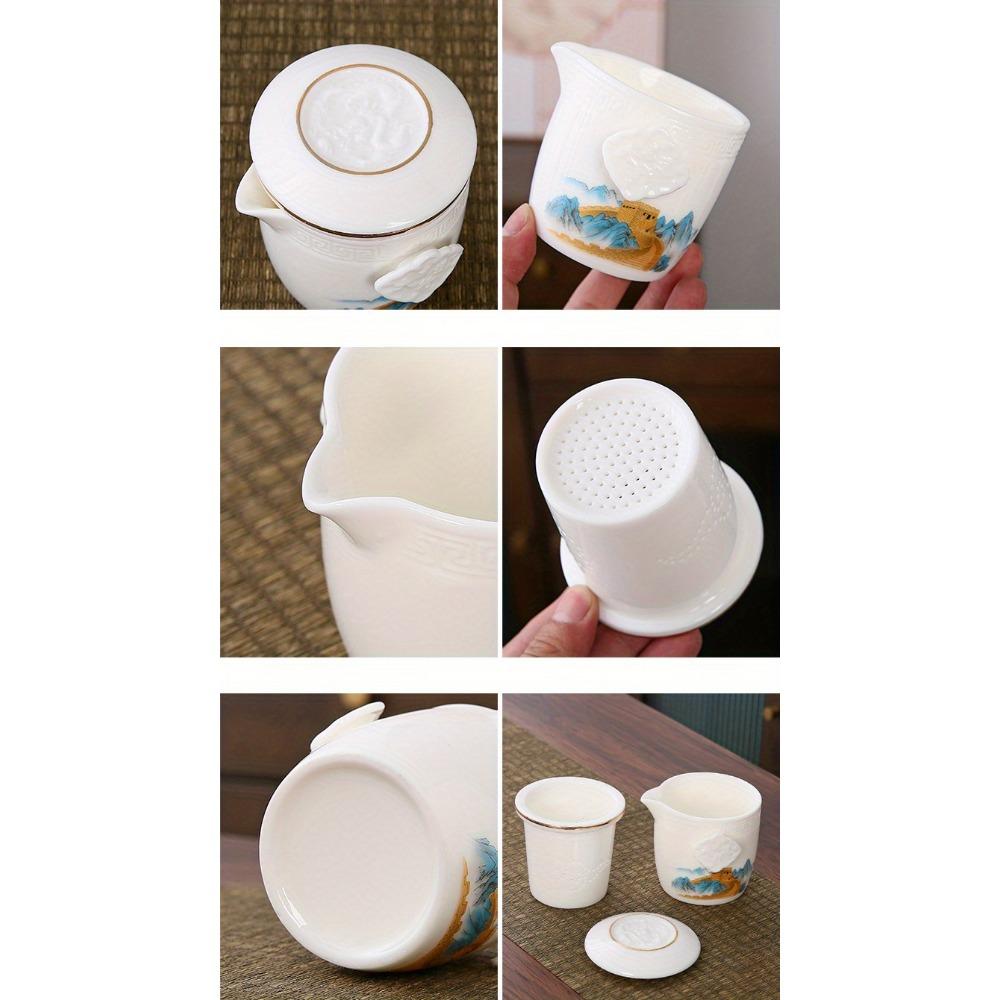 Skopový tuk Jade Bílý porcelán Cestovní čajová souprava Kung Fu Hrnec se čtyřmi šálky Sada přenosných sáčků Venkovní keramický čaj Rychlý šálek