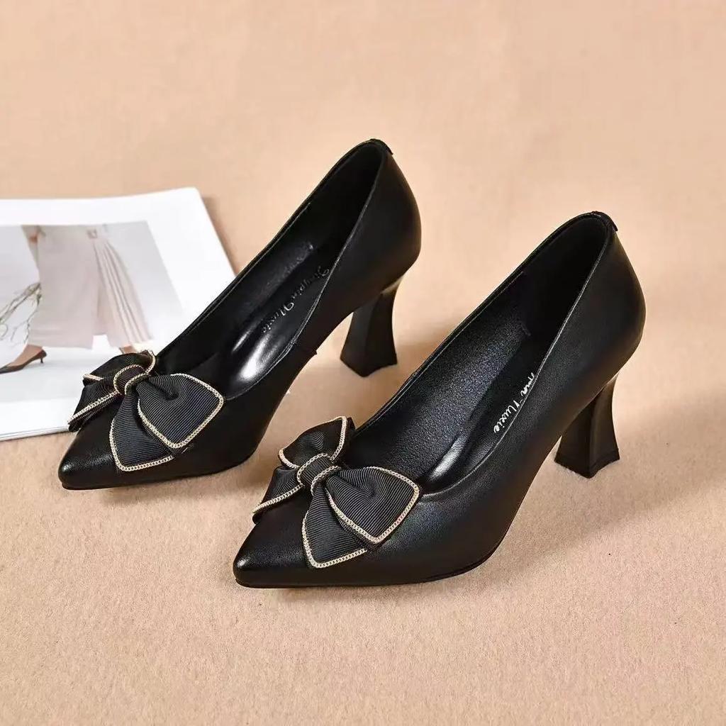 Women Fashion Sweet Light Weight Bow Tie Spring Slip On Stiletto Heel Shoes for Office Lady Elegant Black Pumps Ab535