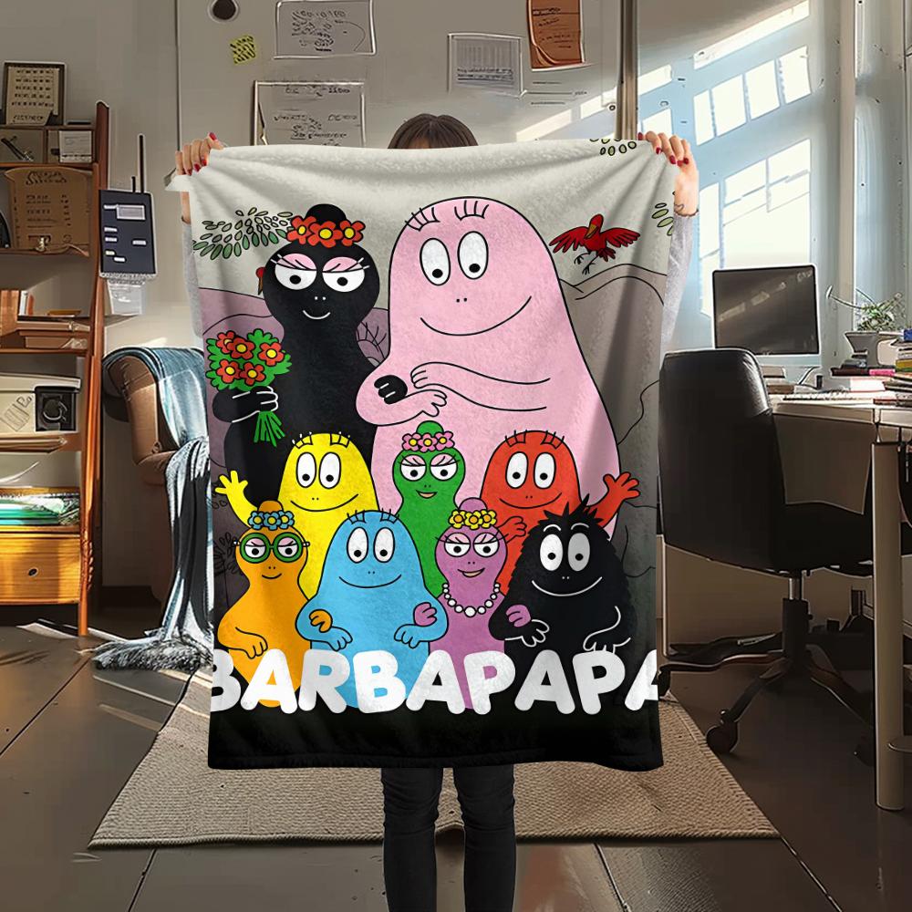 1 szt. Koc flanelowy z nadrukiem rodziny Barbapapy, Wysokiej jakości, Wygodny na wszystkie pory roku, Wystrój domu, Ciepło i komfort, Idealny na prezenty