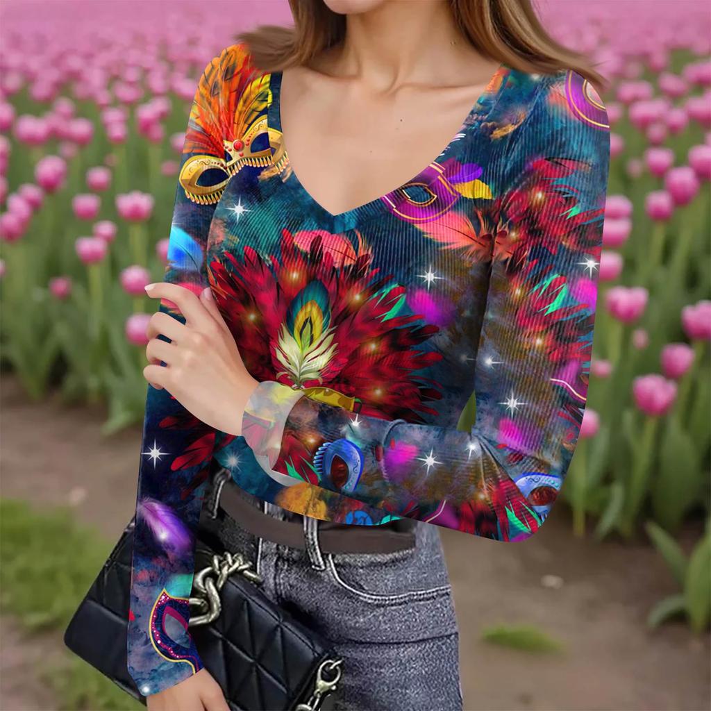 Damska zimowa koszulka termoaktywna slim-fit Modny nadruk Dekolt w serek Pulower z długim rękawem