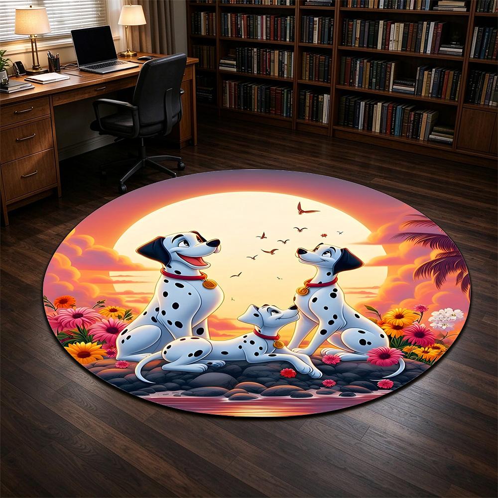 Round Rug 101 Dalmatians Three Spotted Dogs Sunset Beach Rocks Flowers Palm Movie Fan Decor