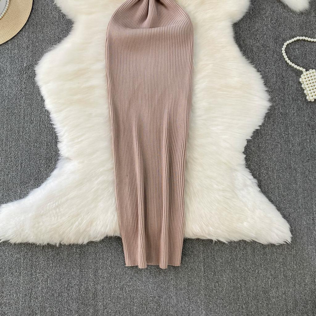 Summer Women Elegant Sleeveless Hollow Out Office Work Midi Knitted Sweater Pullover Sheath Dresses For Ladies