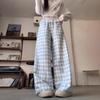 Women's High-Waist Lace Trim Plaid Patchwork Wide-Leg Pants, Spring/Autumn 2025.