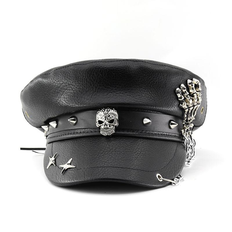 Berretto in PU Moda Stile Punk Vintage con Parte Superiore Piatta Cappelli Militari Casual da Esterno Cappellino dell'Esercito