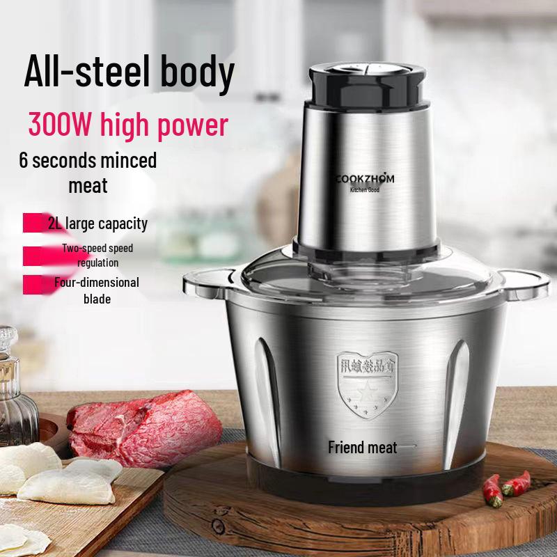 Moedor e Processador de Alimentos Elétrico Multifuncional de Aço Inoxidável para Picar, Misturar e Moer Carne, Alho e Vegetais.