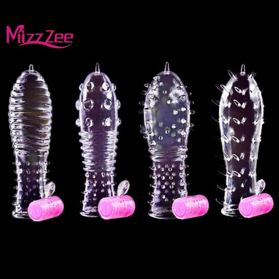 Mizz Zee Vibrator Condom Penis Dotted Thread Clear Lock Extension Sleeve Ring Sex