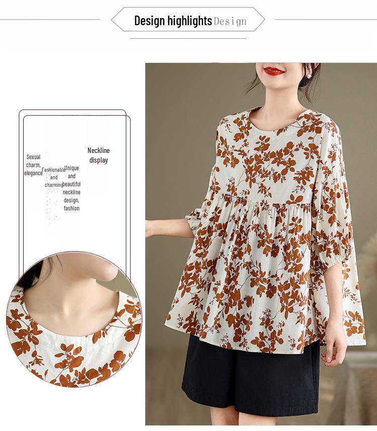 2024 Women's Loose Leaf Print Slim T-Shirt - Round Neck, Lightweight, and Comfortable